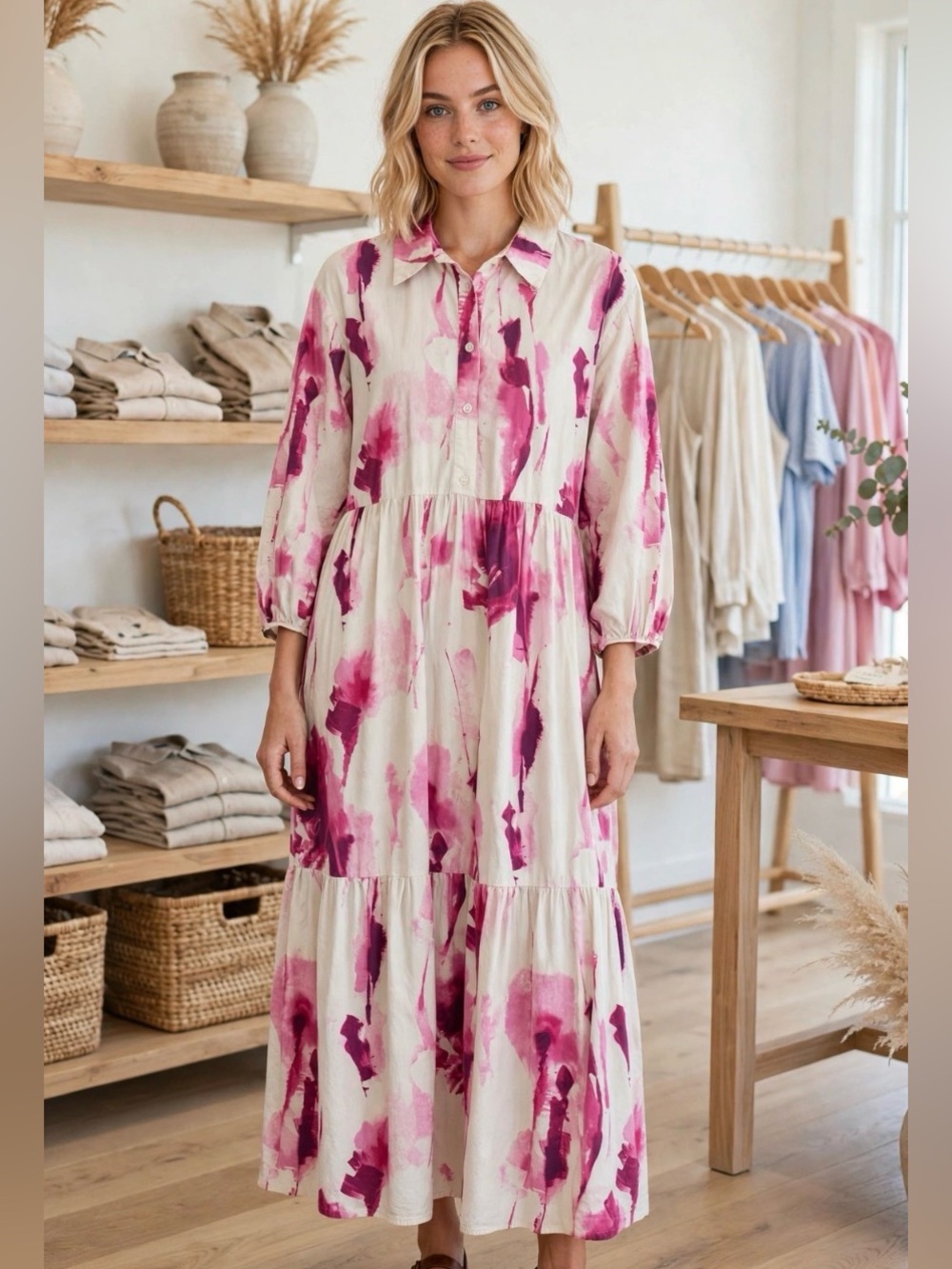 Maeve by Anthropologie Bettina Dress Tiered Shirtdress Pink Watercolor Sz Large
